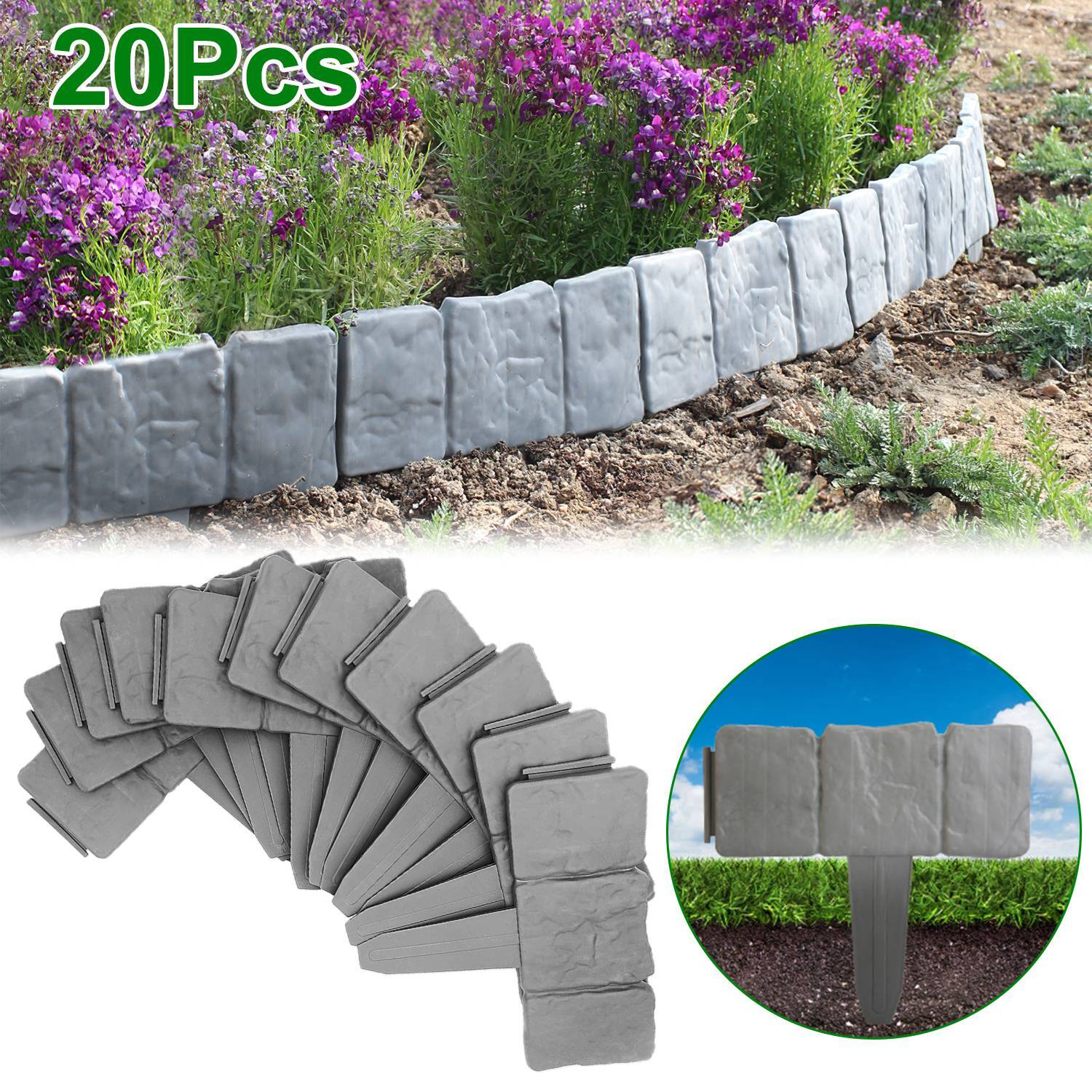 100/80/60/40/20 Pack Garden Fence Plastic Stone Outdoor Landscape Edging Border