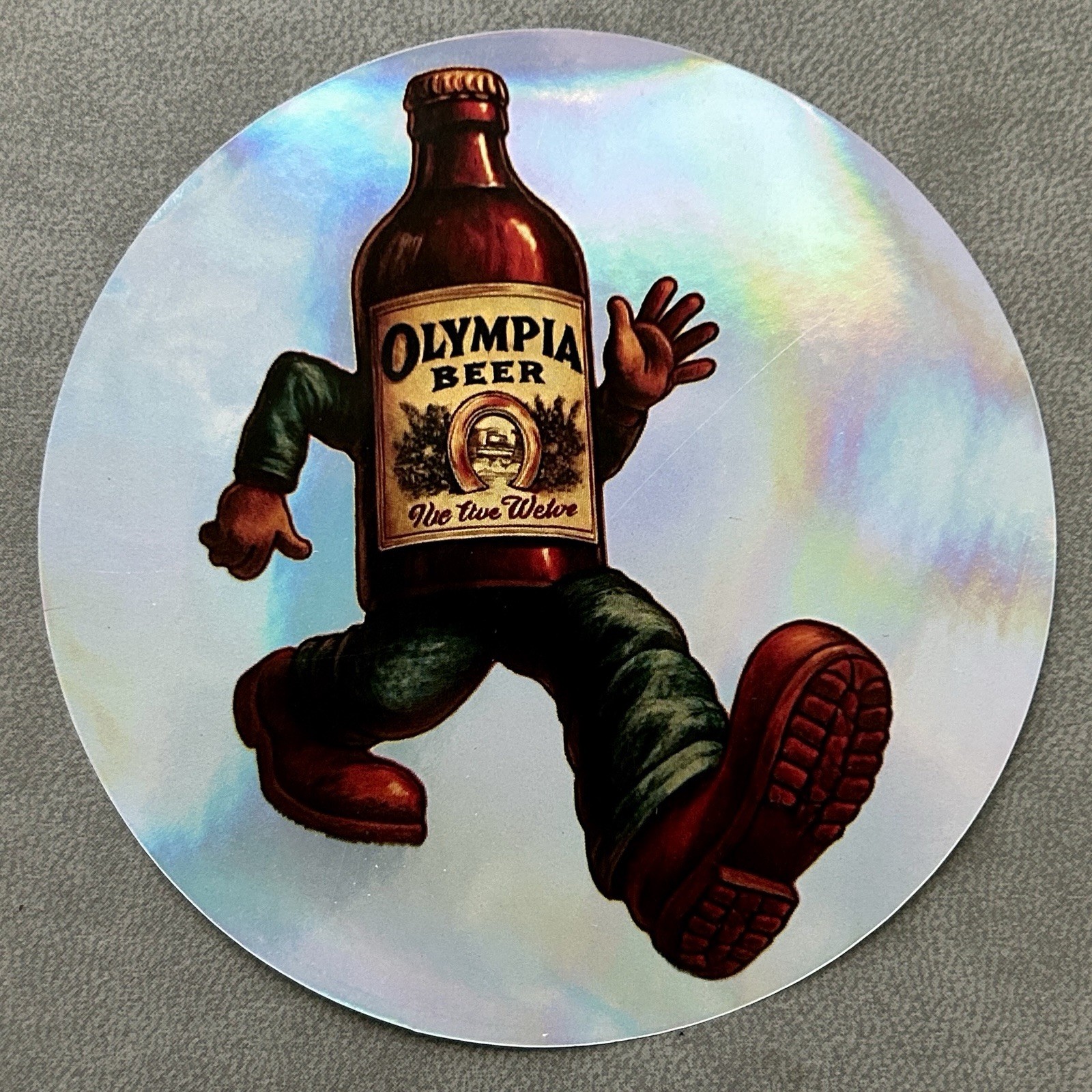 Vintage Olympia beer vinyl sticker Keep On Truckin’ 3” Bottle Oly Holographic