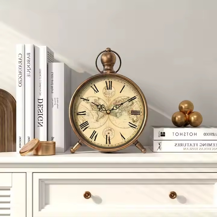Antique/Map-Style Metal Table Clock with Silent Movement