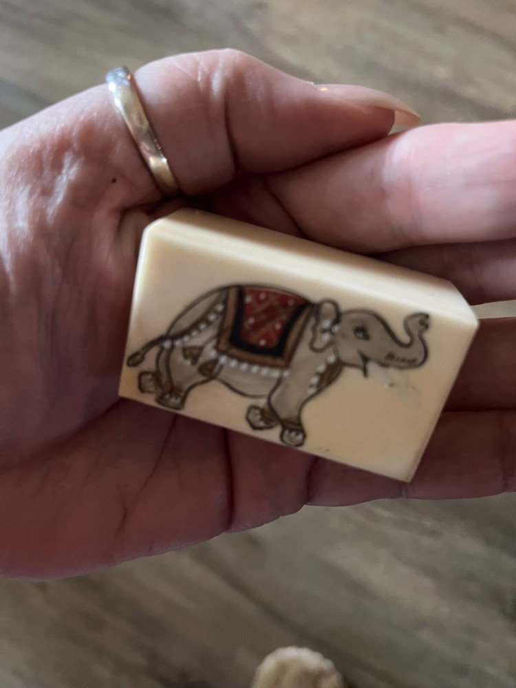 RARE Hand Painted Elephant On Solid Camel Bone Trinket Box From India