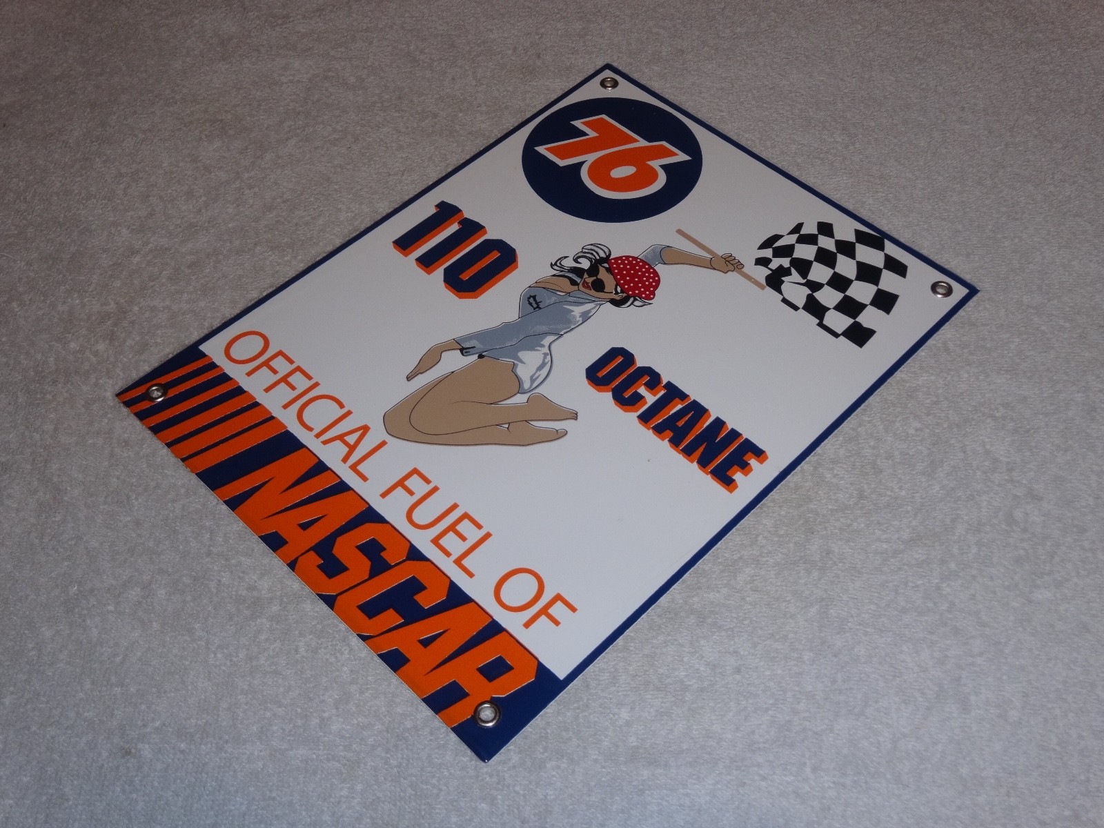 VINTAGE UNION 76 GASOLINE WOMAN +RACING FLAG 12" PORCELAIN METAL NASCAR OIL SIGN