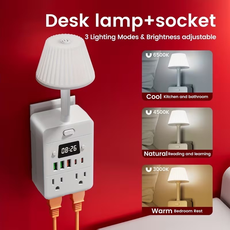 This Is a Versatile Power Strip Extension Featuring a Digital Clock, a Desk Lamp