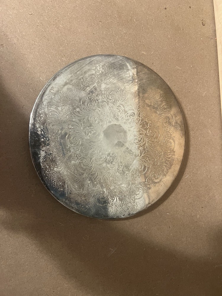 2 Vintage Silver Plate 8” Round Etched Serving Trivet Hot Pad Backed