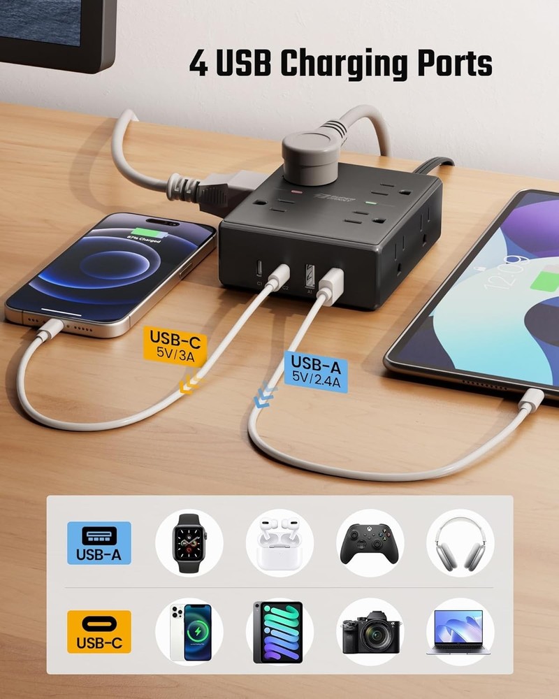 10Ft Extension Cord with Multiple Outlets, Flat Plug Surge Protector Power Strip