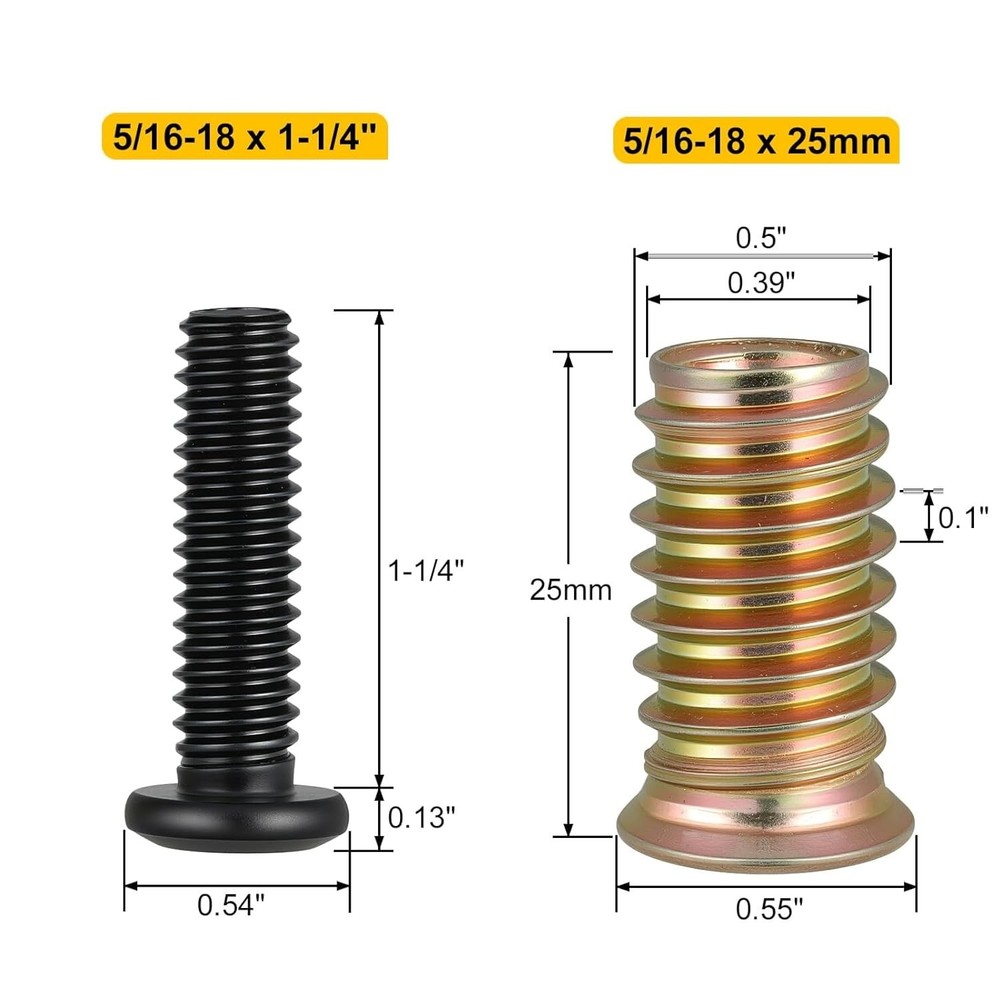 Threaded Inserts and Bolts Set, 30 Sets, 1/4-20 X 20Mm Threaded Inserts for Wood