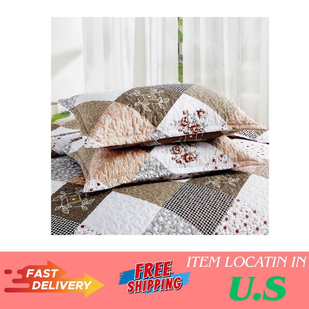 Dinjoy Floral Plaid Patchwork Quilt Set Full Size, Reversible Brown Bedding Set