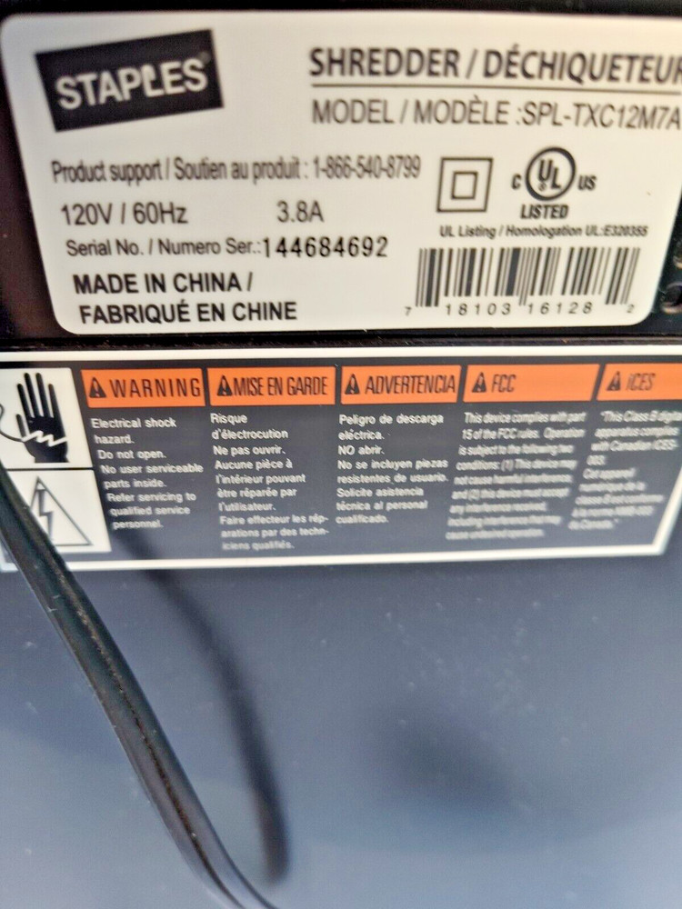Staples Mailmate M7 Shredder Model SPL-TXC12M7A Card/CD/Document Shredder