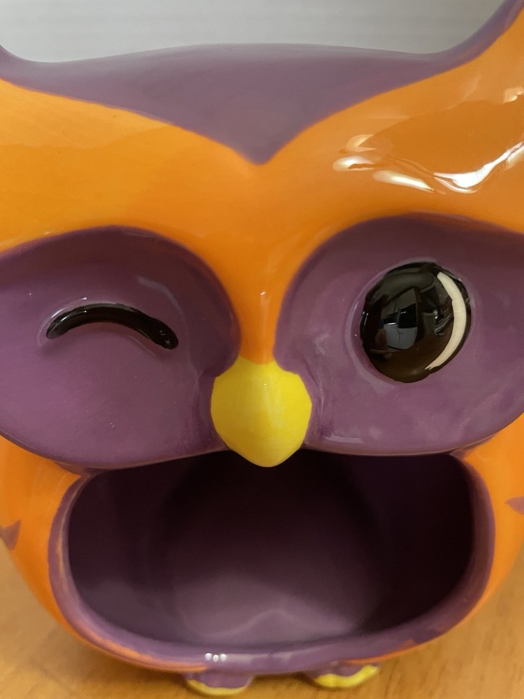Purple/Orange Earthenware Owl Sponge Holder Open Candy Dish EUC