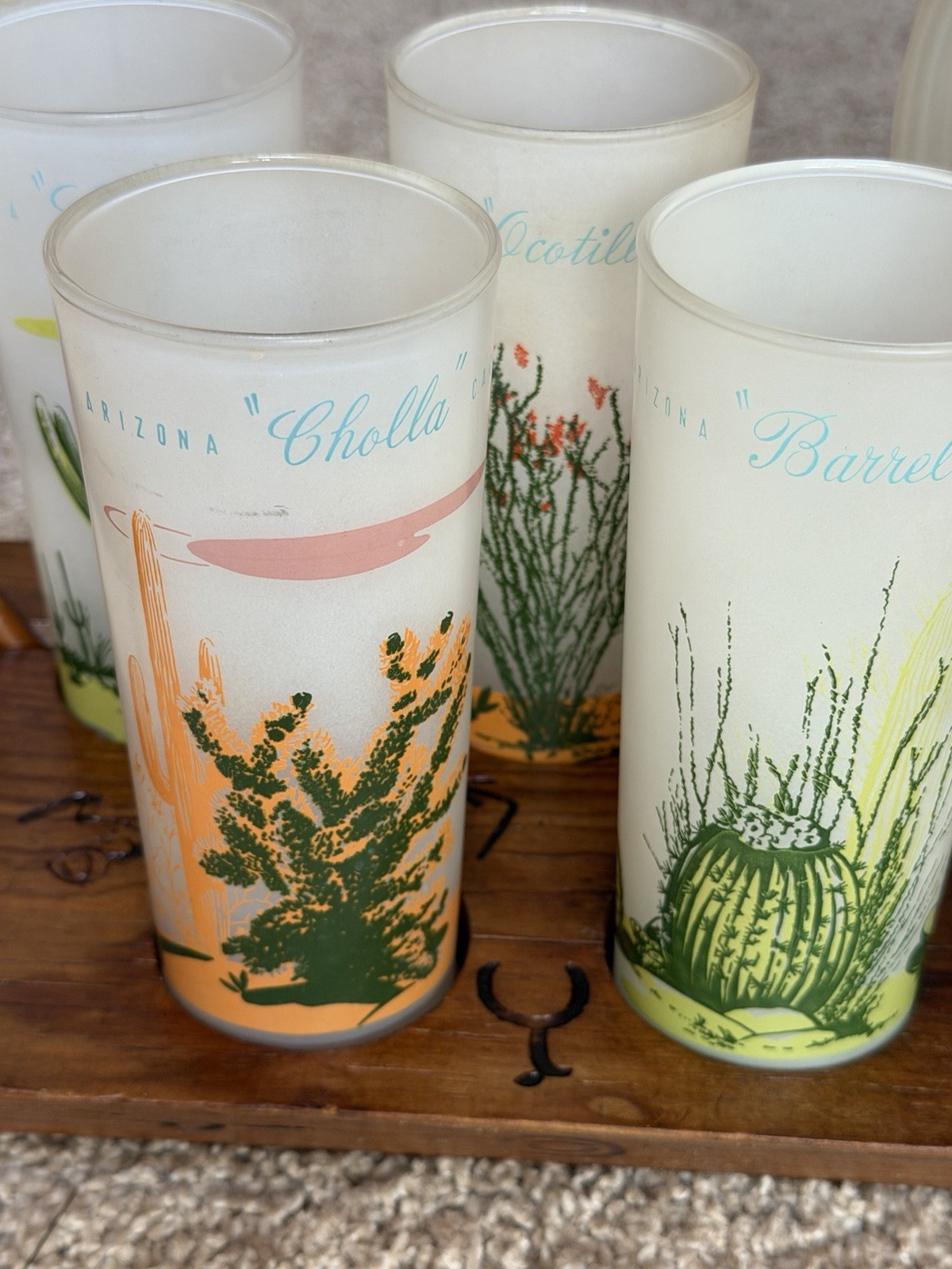 1950’s Vintage Blakely Oil & Gas ~ Arizona Cactus Frosted Glassware With Tray