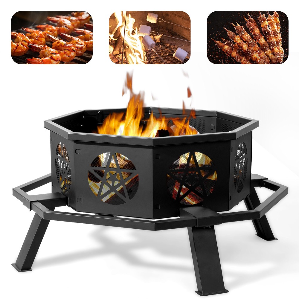 35"Octagonal Fire Pit Outdoor Fire Pit Wood Burning Firepit Bonfire Fire Pit New