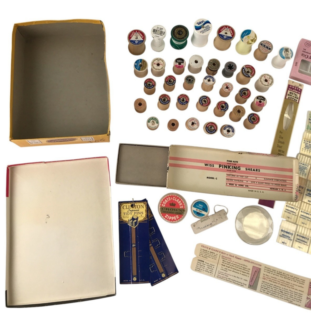Sewing Packaging Lot Vintage 30 Wooden Thread Spools + Boxes Hosiery Needles