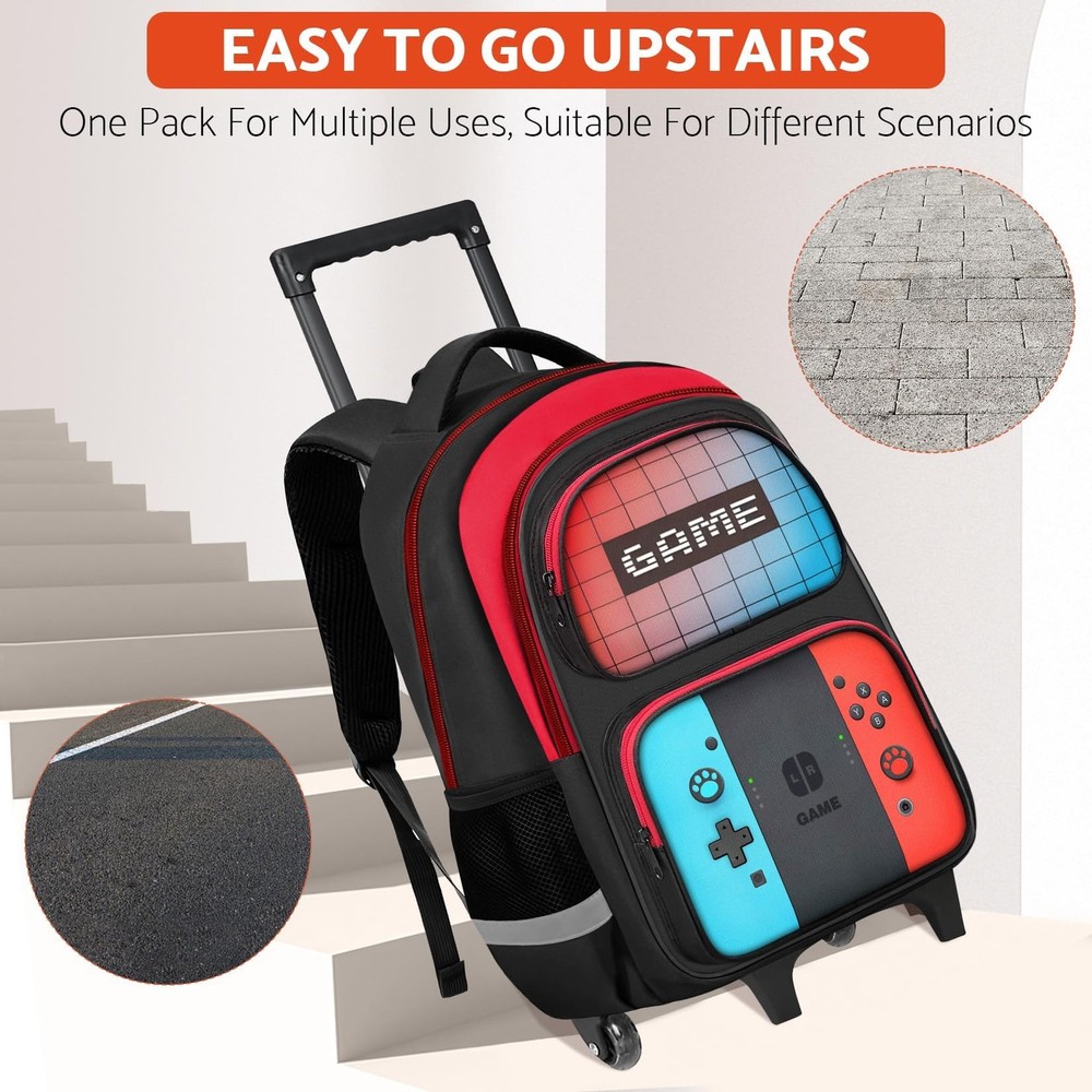 Boys Rolling Backpack for - Gamer Rolling Backpack with Wheels for Elementary...