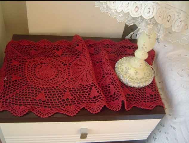 Vintage Style Hand Crochet Deep Red Cotton Table Runner