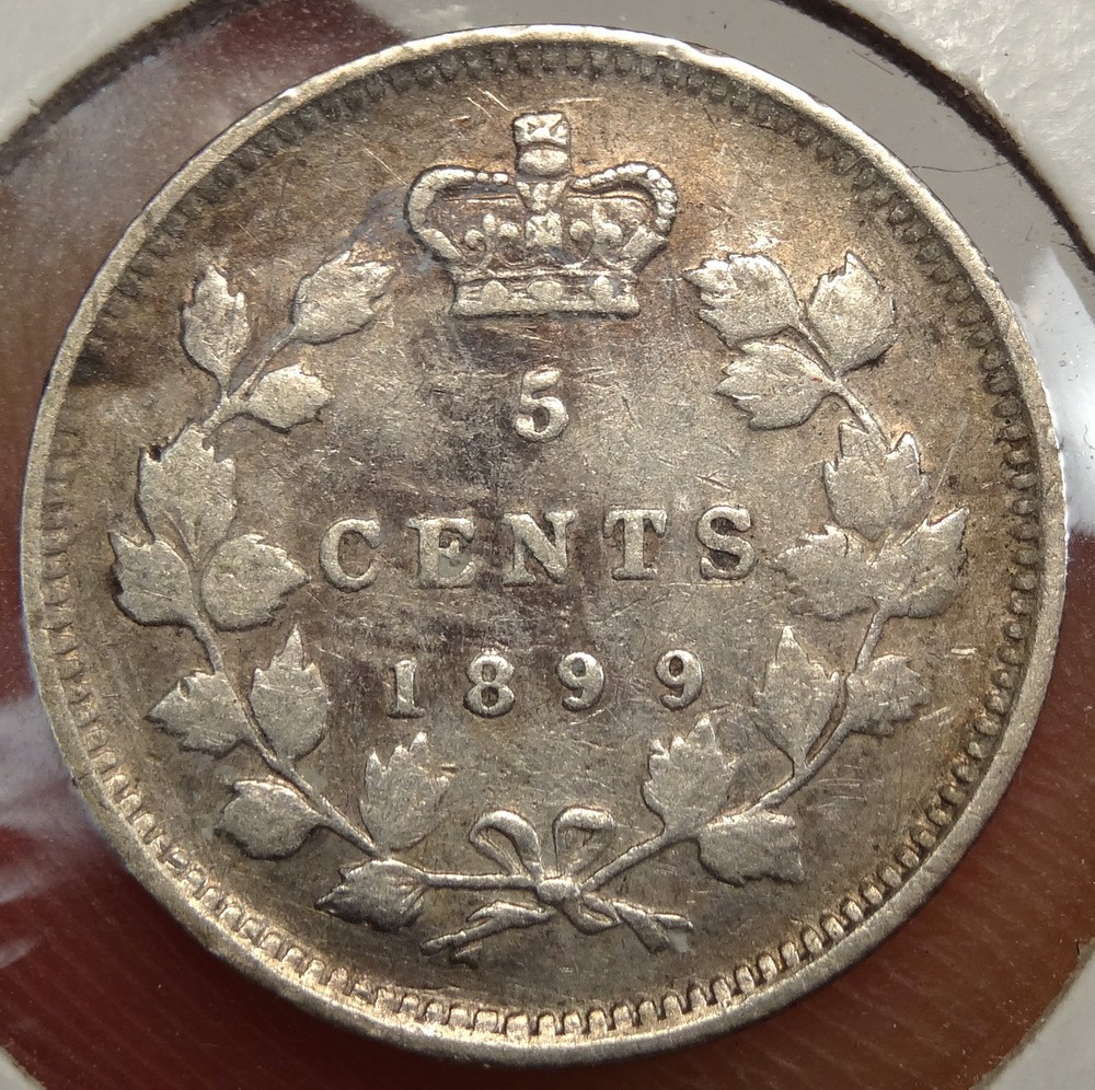 Canada Five Cents 1899 Small 9's, Sharp Fine+ 0209-06