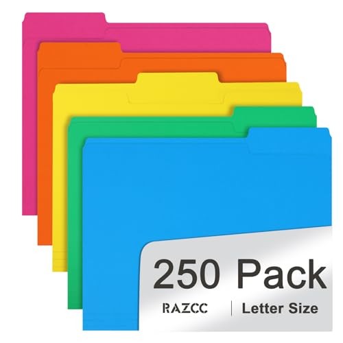 File Folder, 250 Pack 1/3 Cut Tab Colored Folders, Colored File Folder Letter