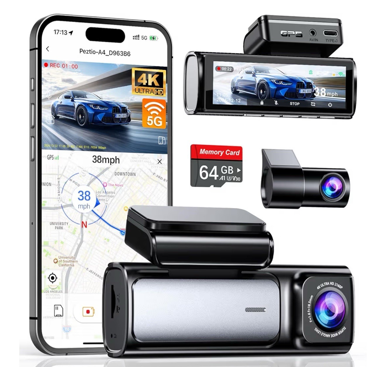 Affver 4K Dash Cam Front and Rear, Built-In 5G Wifi GPS, 64GB Card Included