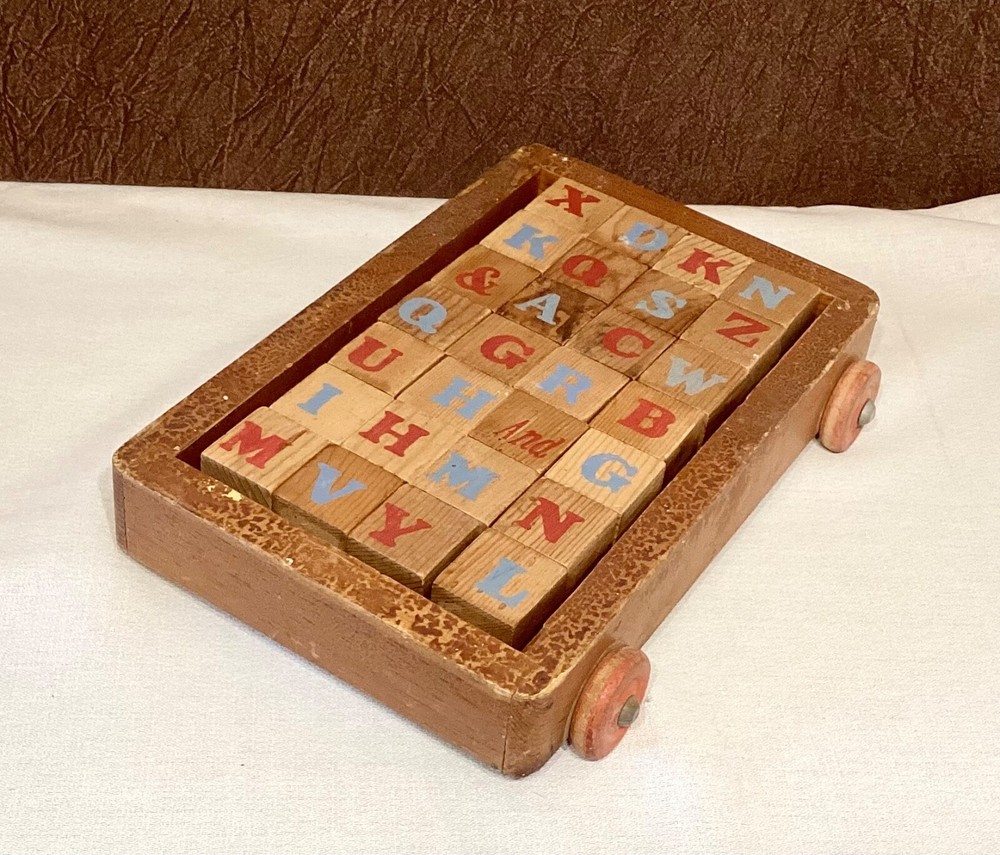 Antique Wood Pull Toy Alphabet Blocks Wagon