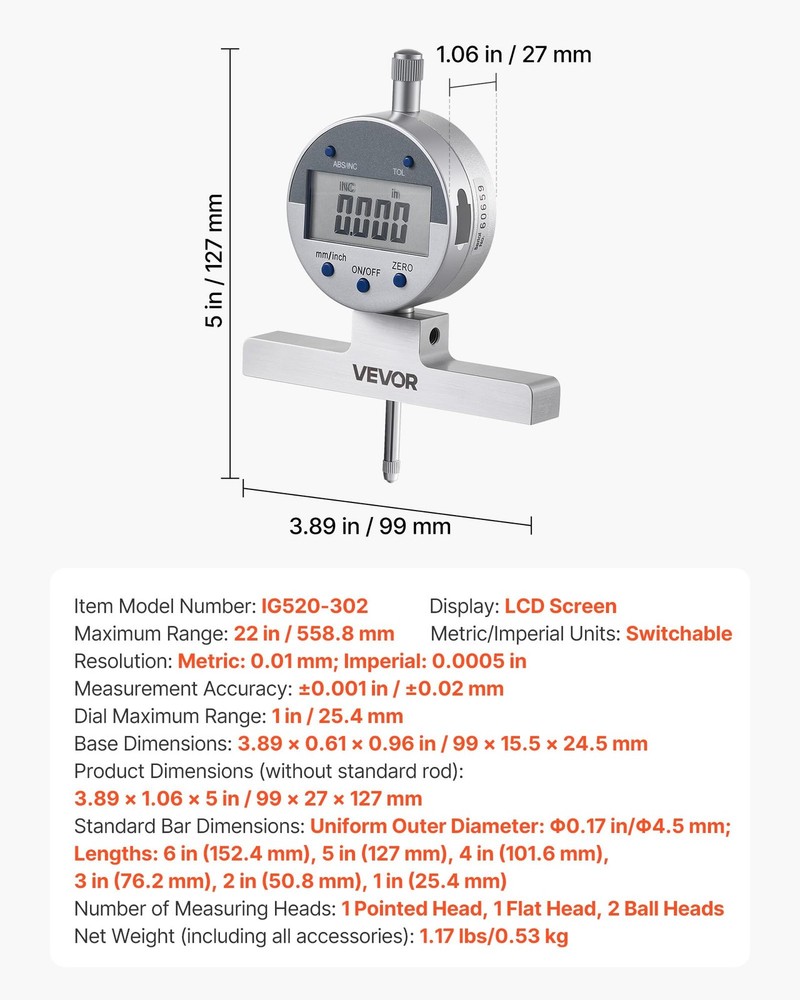 VEVOR Digital Depth Gauge Micrometer, 0-22" Range, High-Precision, Stainless Ste