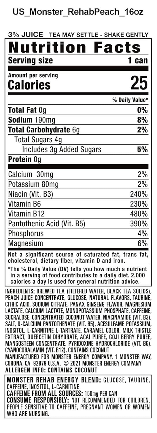 Monster Rehab Peach Tea + Energy 15.5 Ounce | Energy Iced Tea, Pack of 15