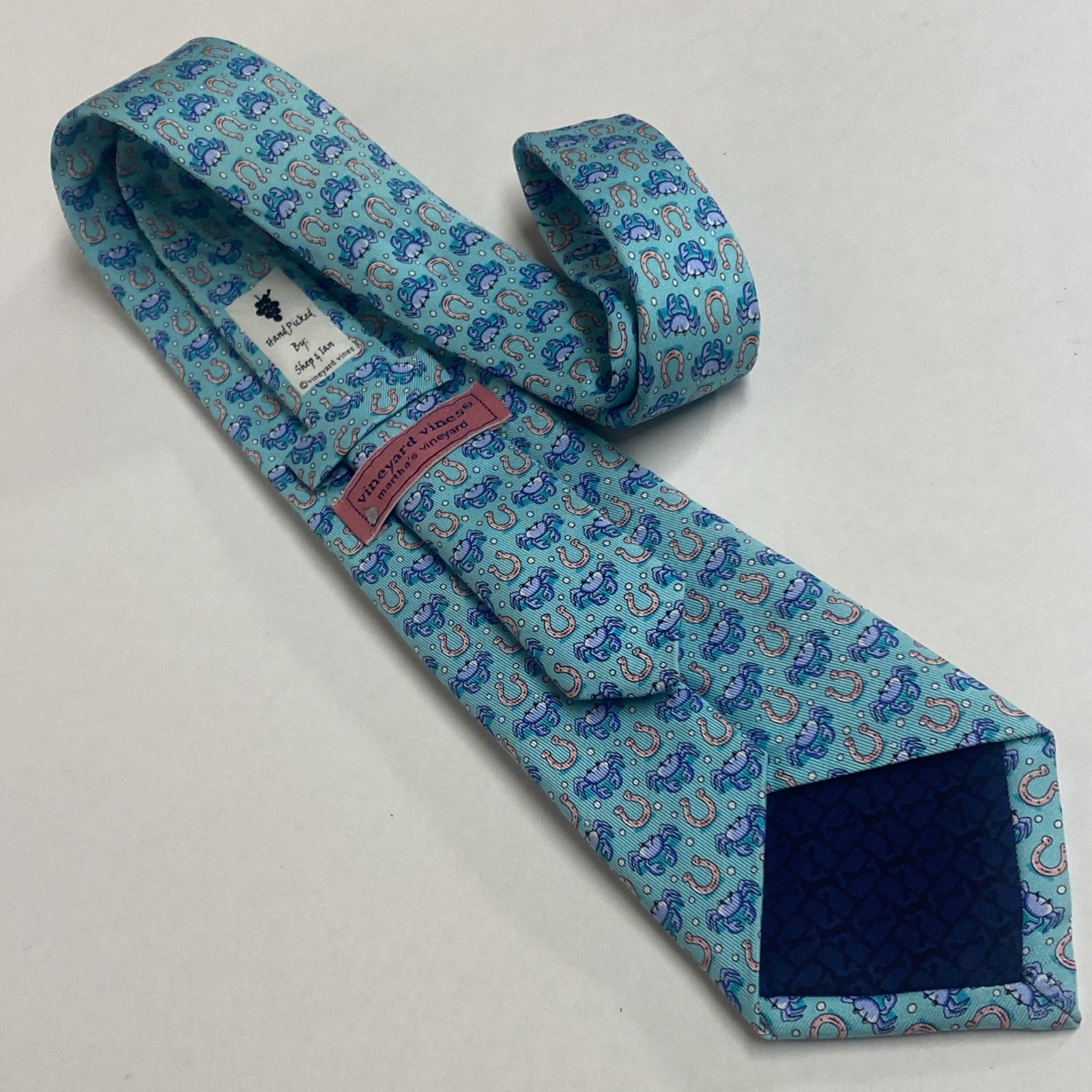 Vineyard Vines Boys Teal Blue Repp Silk Tie Lucky Horse Shoe Crabs 49.5” USA E2