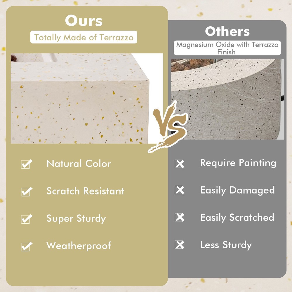 42" Terrazzo Fire Pit Table Rectangle Propane Fire Pit w/ PVC Cover White