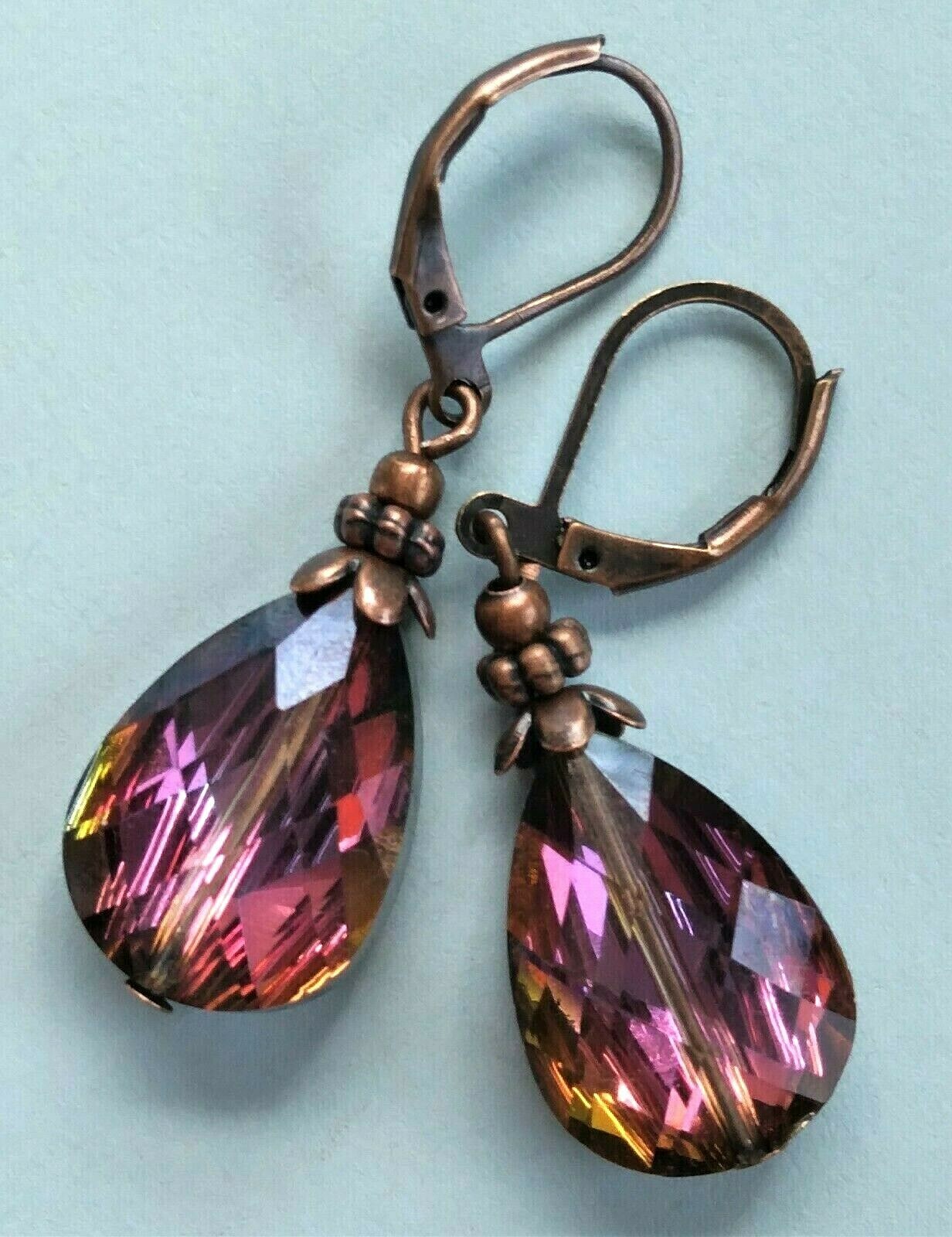 colorized BURGUNDY BLACK pear drop crystal earring COPPER LEVERBACK handmade XX