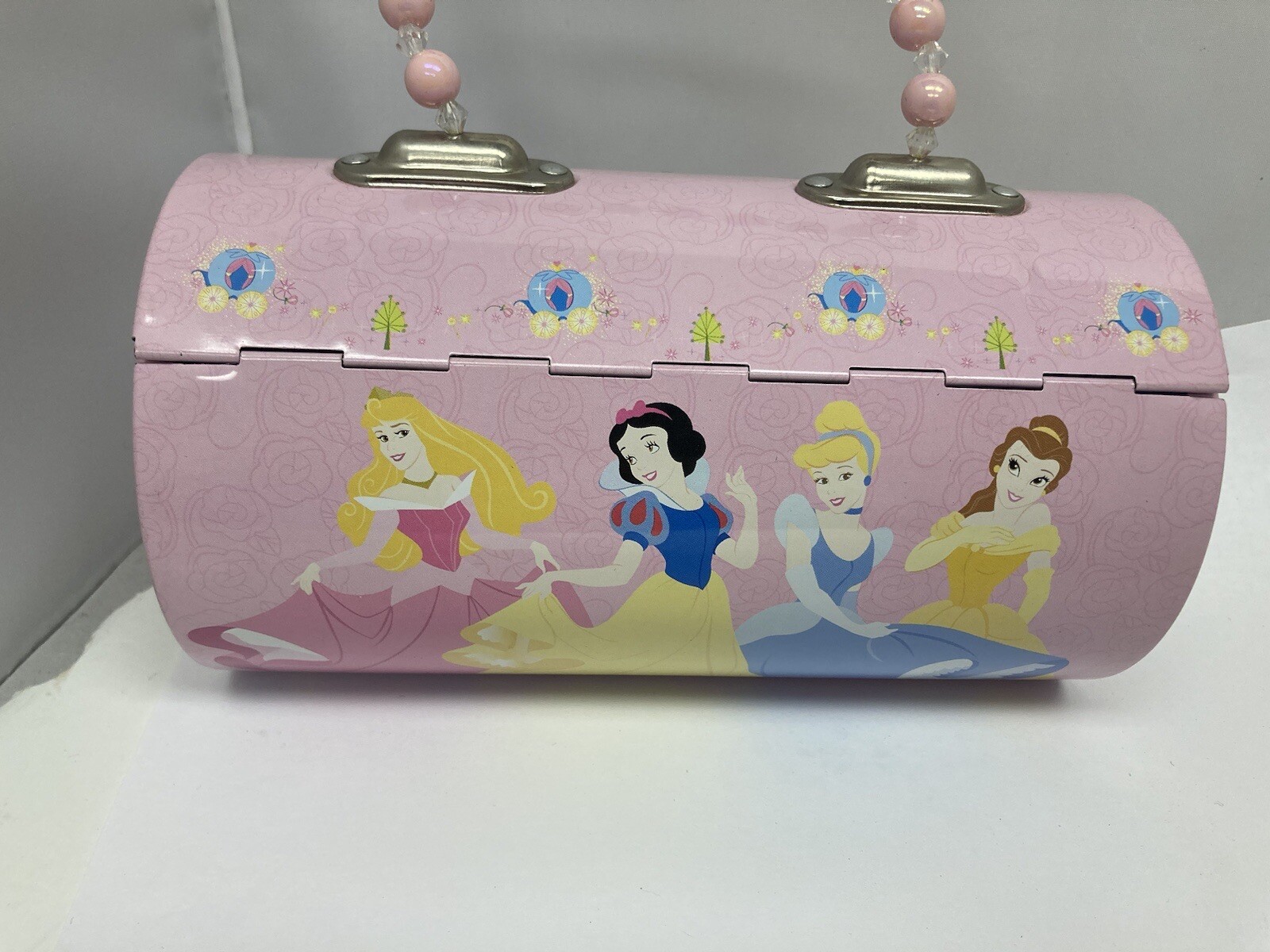 Disney Princess Beaded Pink Tin Tote Purse Case Snow White Cinderella Belle