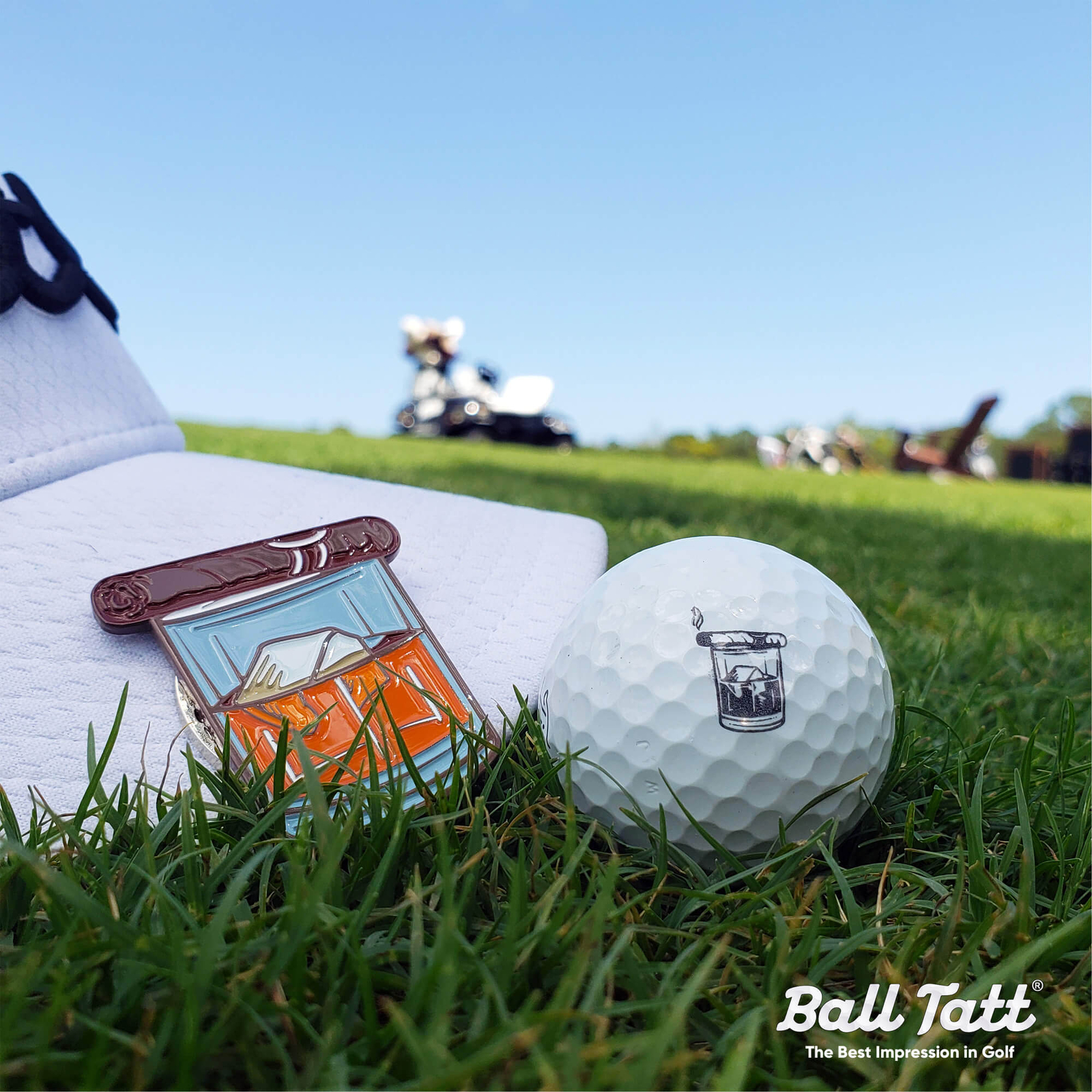 Ball Tatt - Whiskey Cigar Golf Ball Stamp Self-Inking with XL Metal Ball Marker