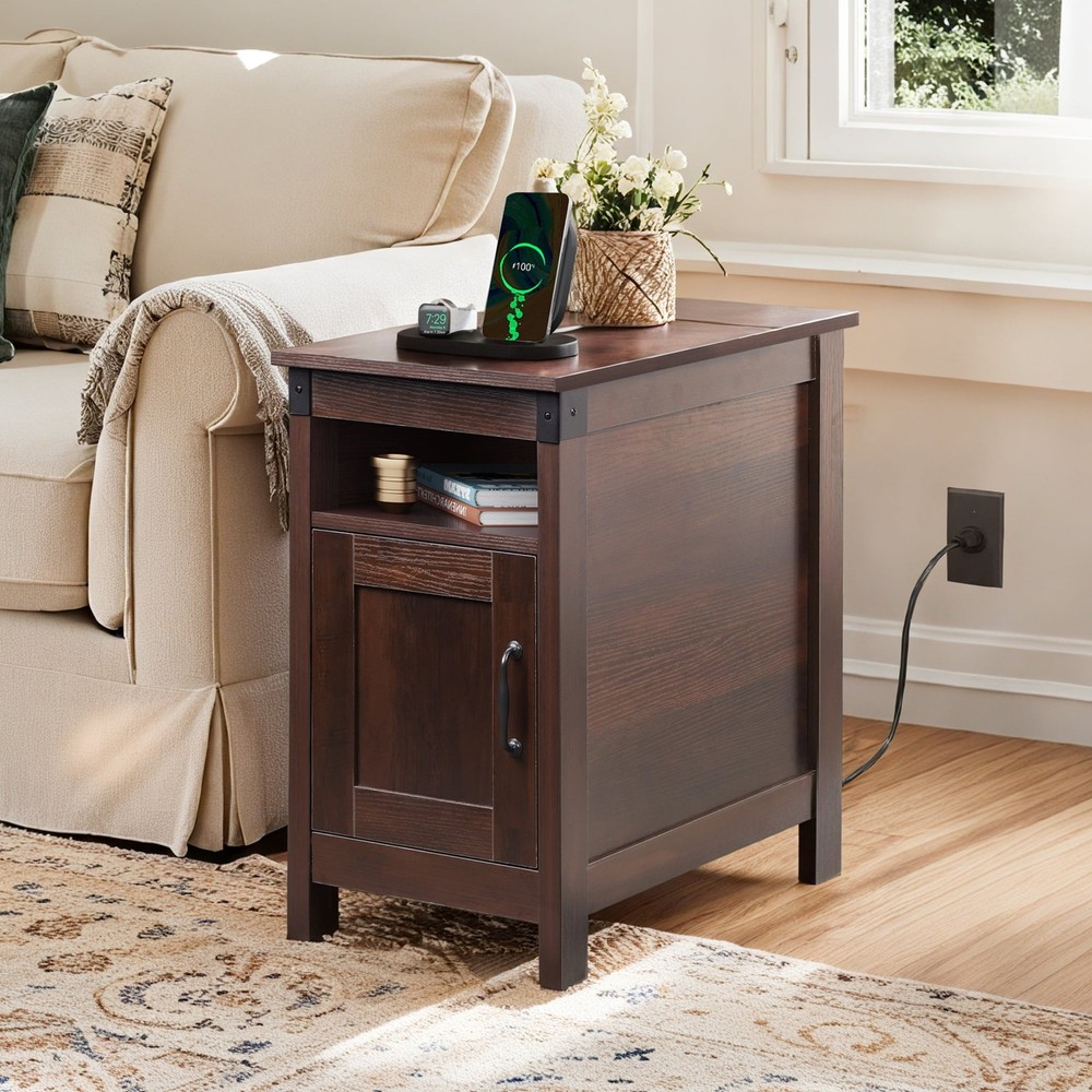 Side Table with Charging Station Narrow End Table with Storage Night