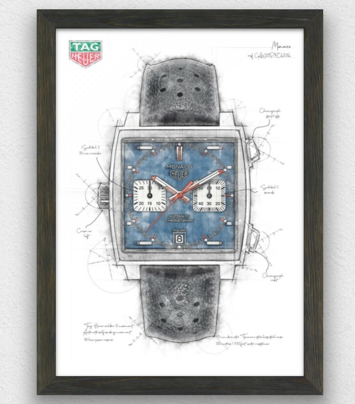 Tag Heuer Monaco watch technical drawing illustration artwork - Print