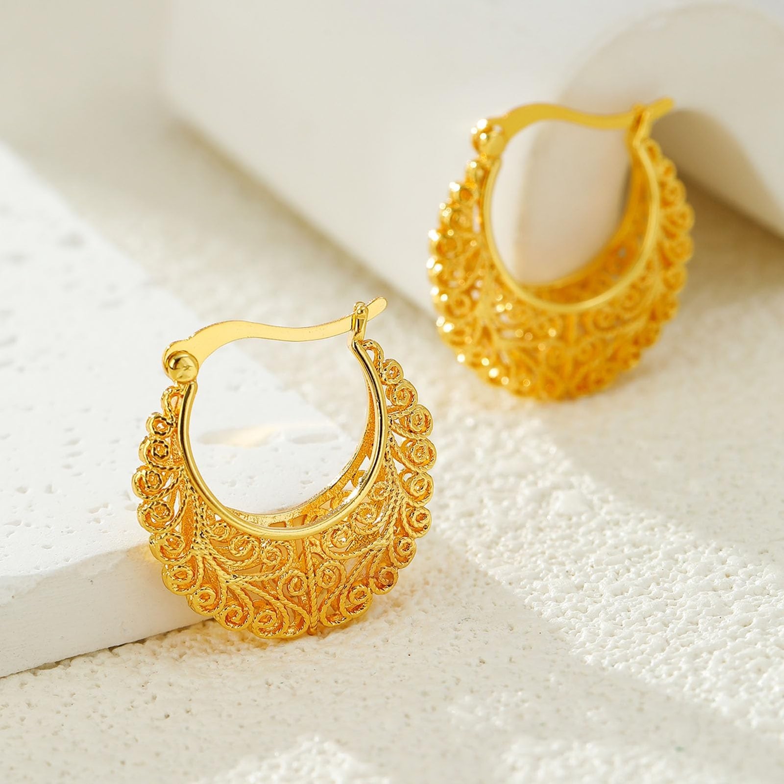 Filigree Gold Hoop Earrings Vintage Small Earrings for Women