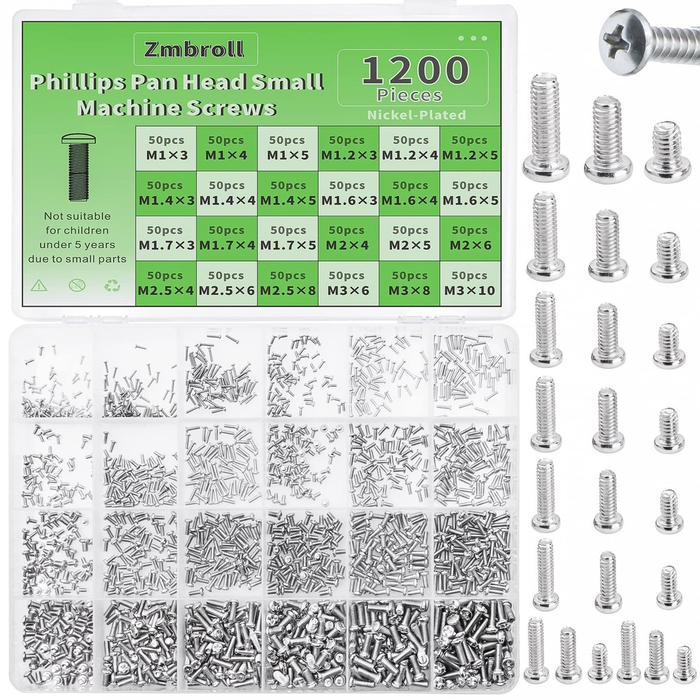 Zmbroll 1200Pcs Phillips Pan Head Small Machine Scews,Tiny One Size, Silver