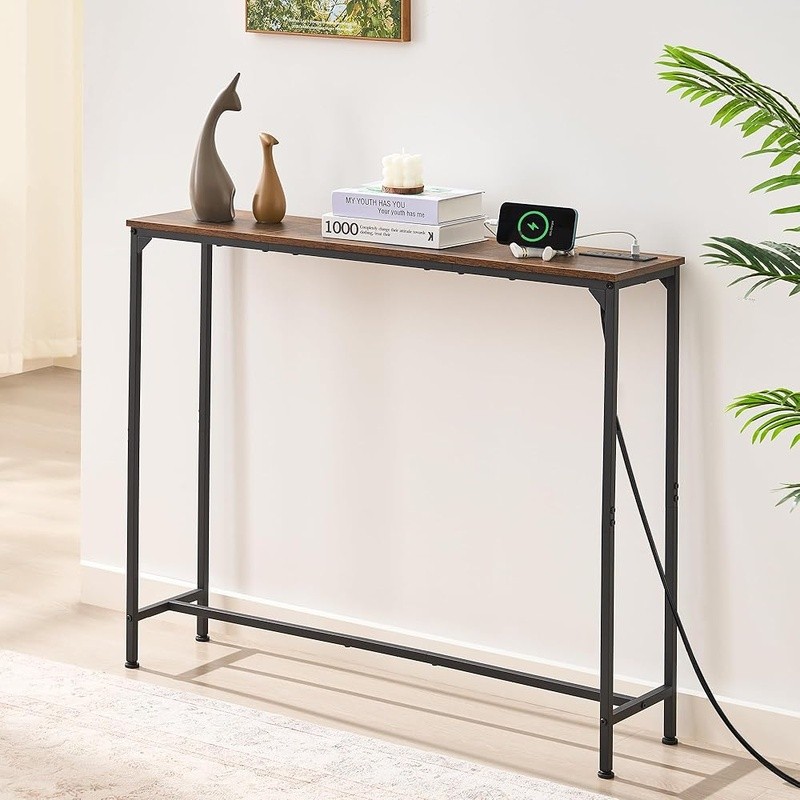 Narrow Console Table W/ Outlets USB Type-C Charging Slim Sofa Entryway Storage