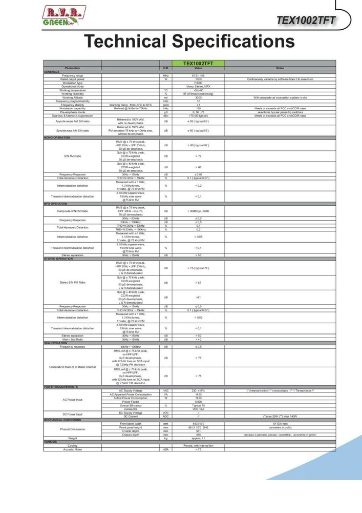 Broadcast RVR TEX1002 TFT 1000w FM Transmitter Stereo - 88 108 Mhz Ready To Ship