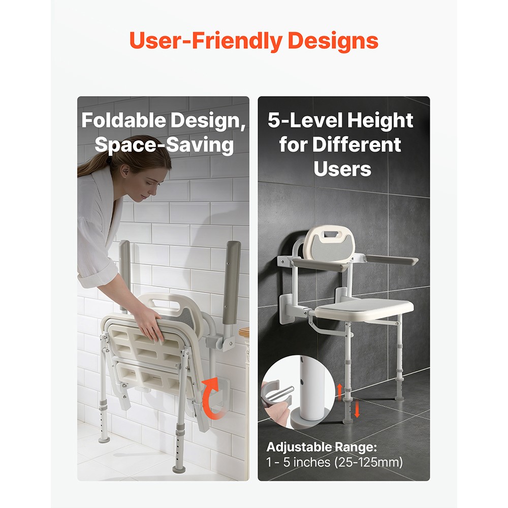 Uimoso Foldable Shower Chair Wall Mounted Shower Seat with Backrest & Armrest
