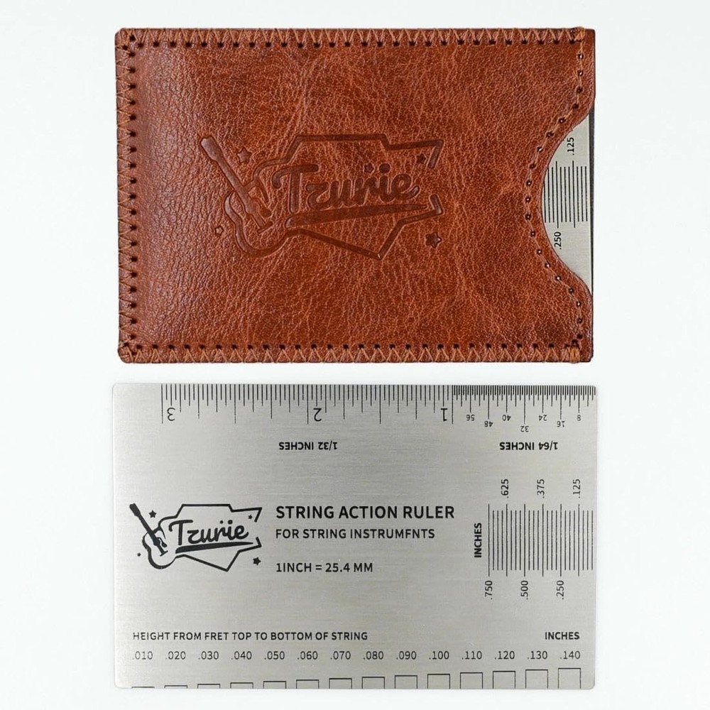 Tzurie Guitar String Action Gauge, Medium, silver ruler with brown case