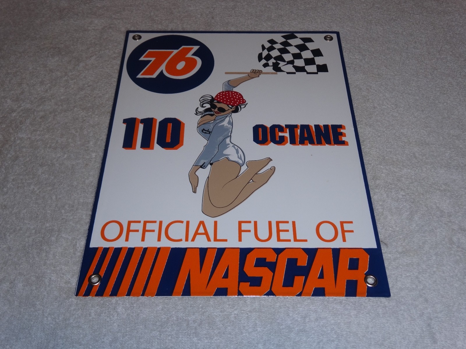 VINTAGE UNION 76 GASOLINE WOMAN +RACING FLAG 12" PORCELAIN METAL NASCAR OIL SIGN