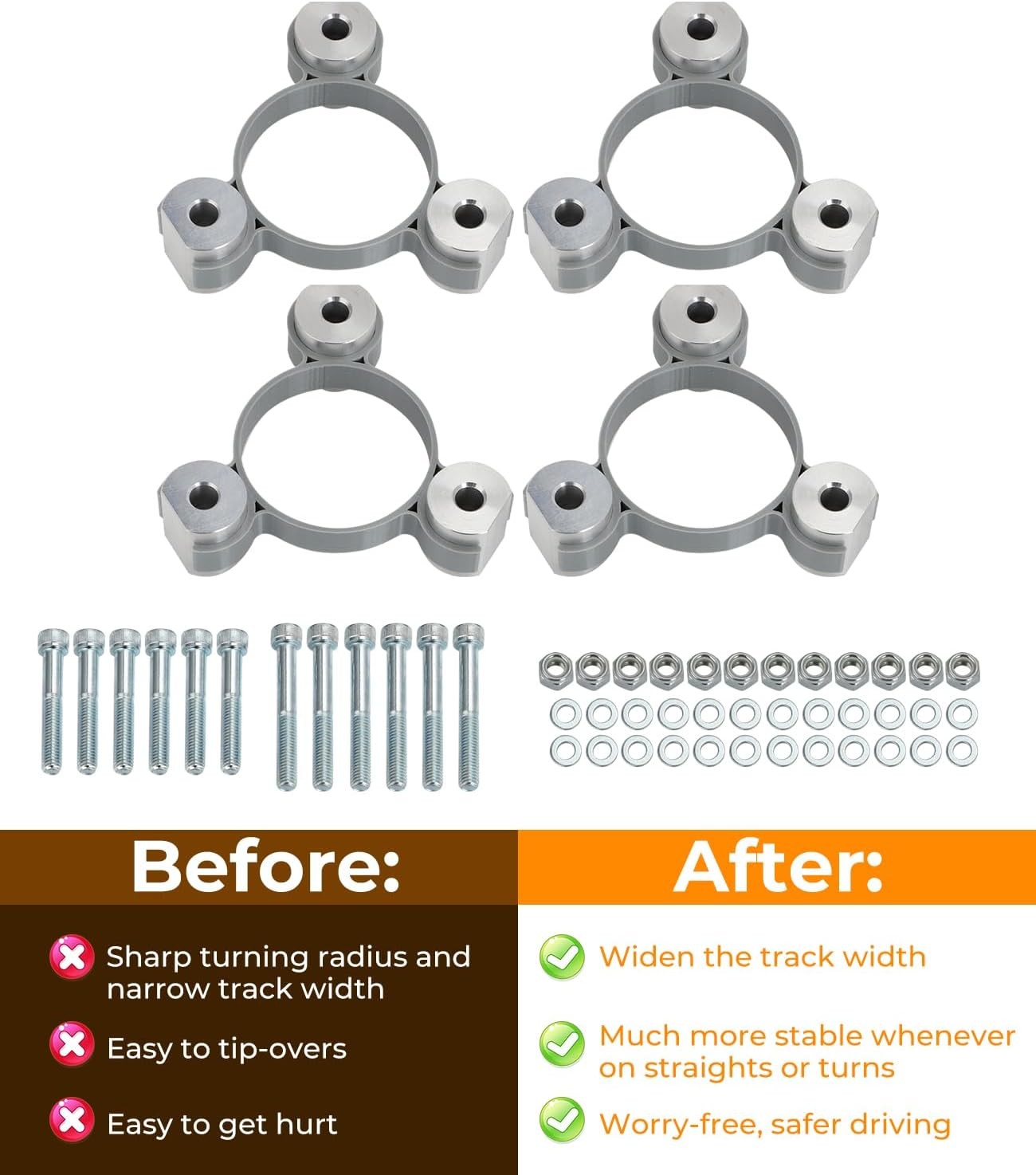 For Razor Dirt Quad Wheel Spacer Kit, 3" Wider Front, 2" Wider Rear, 24v or 36v