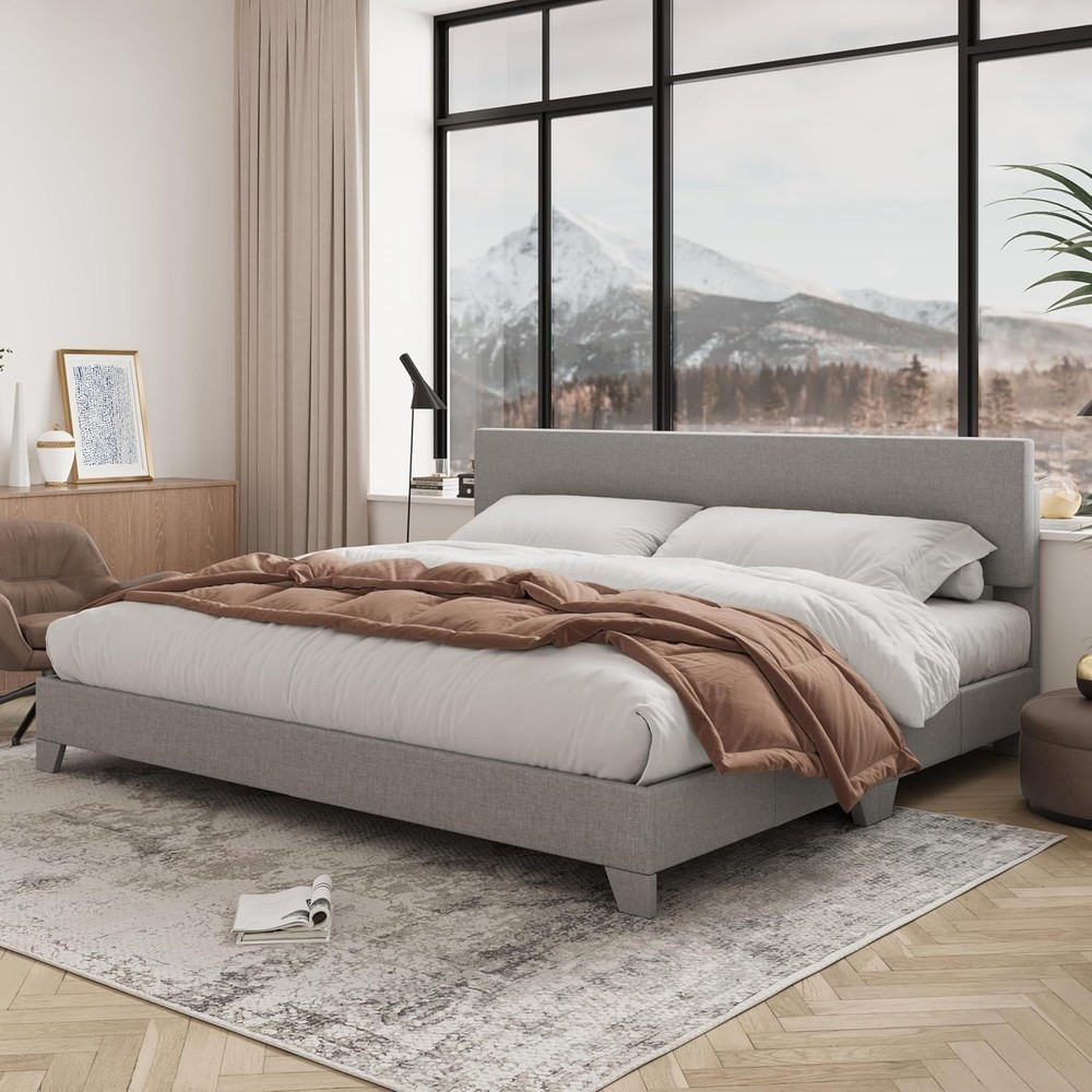 Sleek Linen Upholstered King Bed Frame, Adjustable Headboard