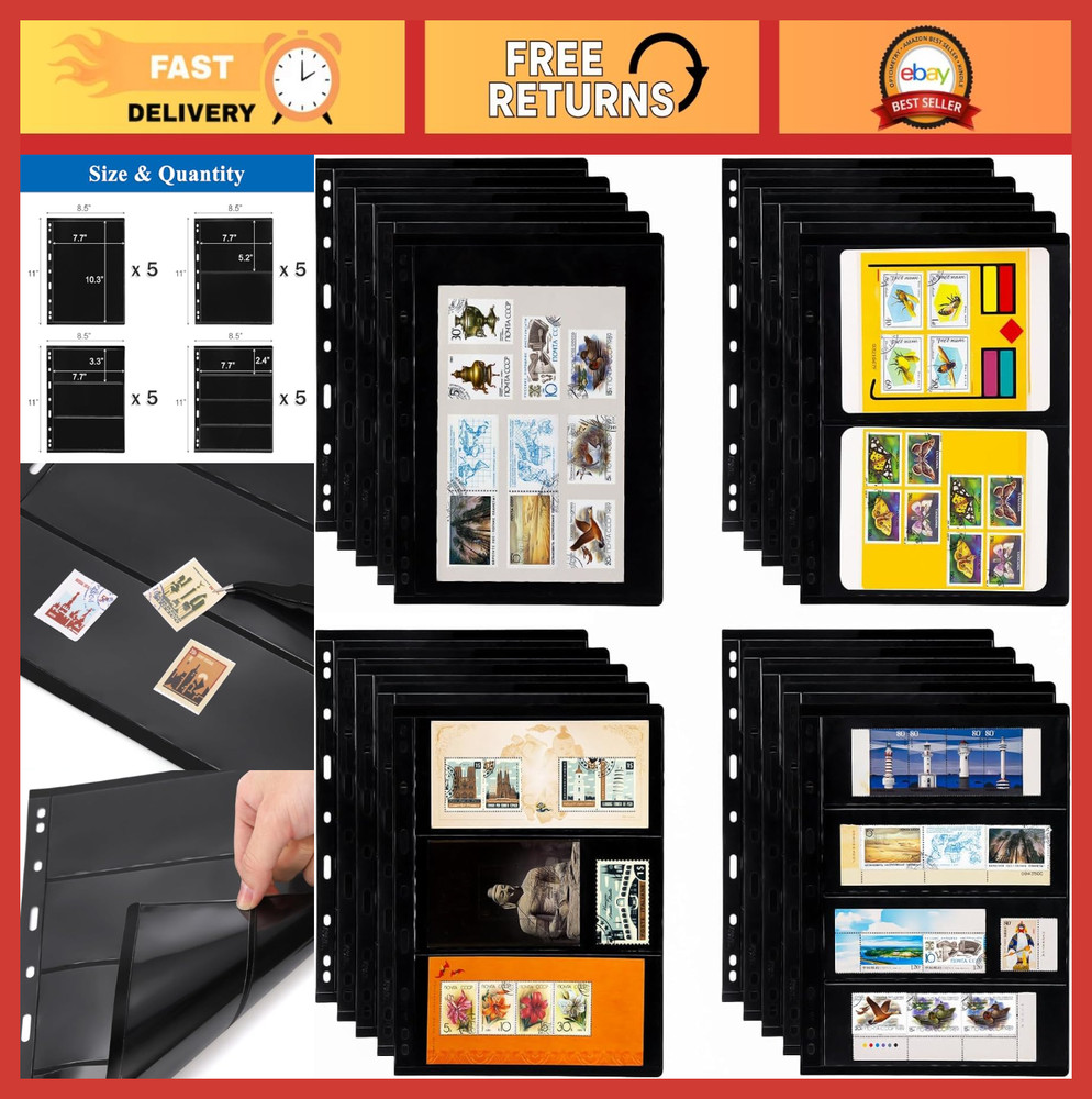 Stamp Album Pages 40 Double-Sided Sheets 9-Hole Inserts, Mixed Sizes, Black