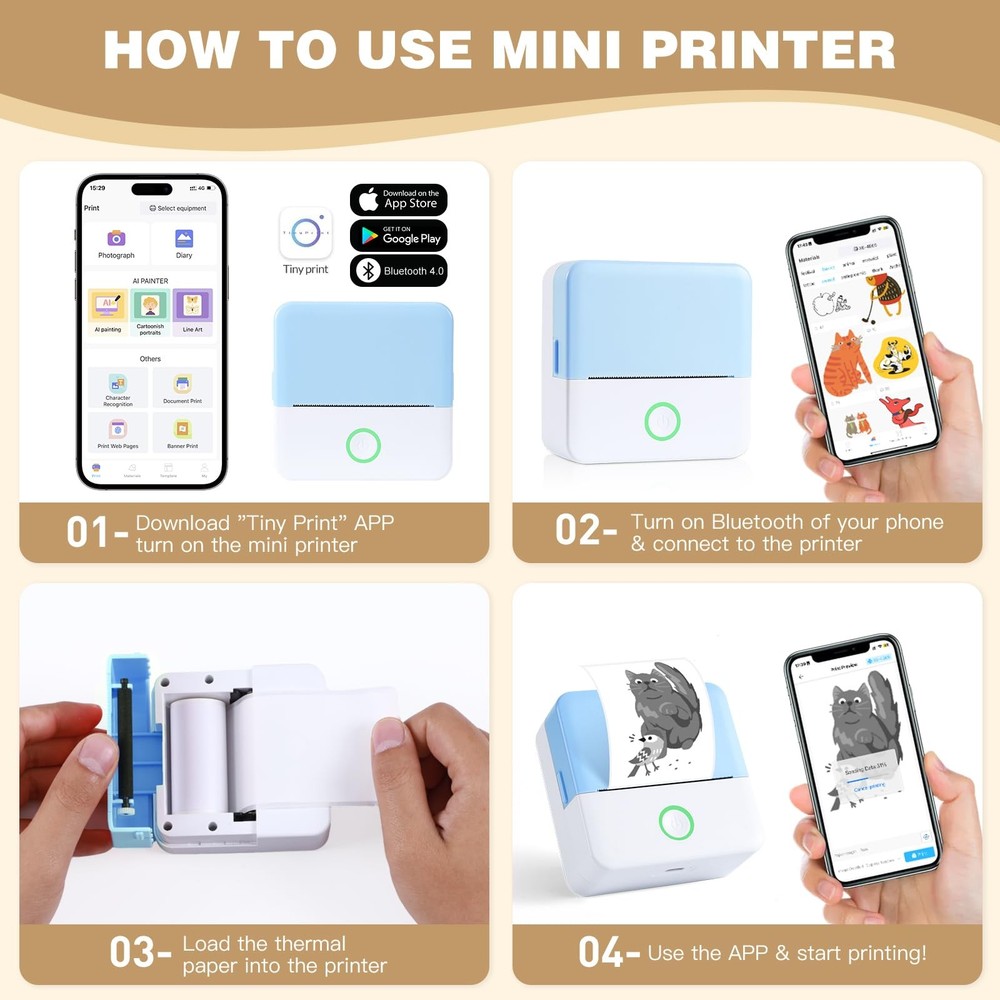 cudinham Print Pods Mini Printer, Thermal Inkless Sticker Maker small, Blue