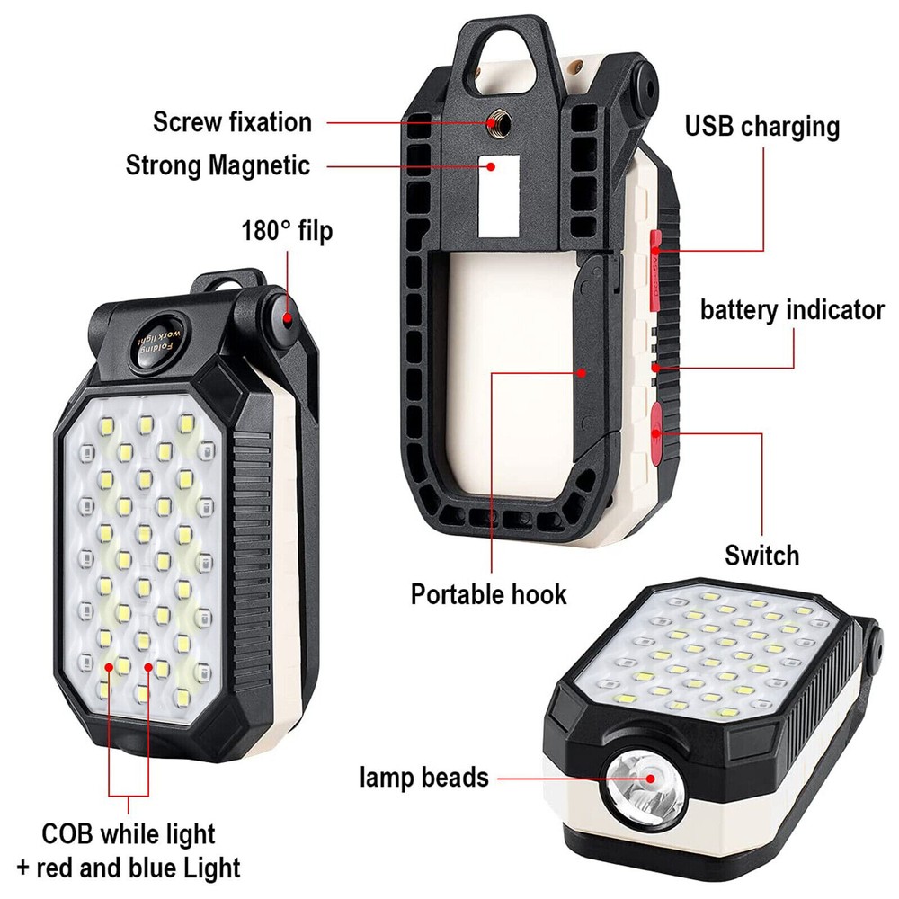 LED Work Light Flashlight Magnetic USB Rechargeable COB Camping Lamp with Hook