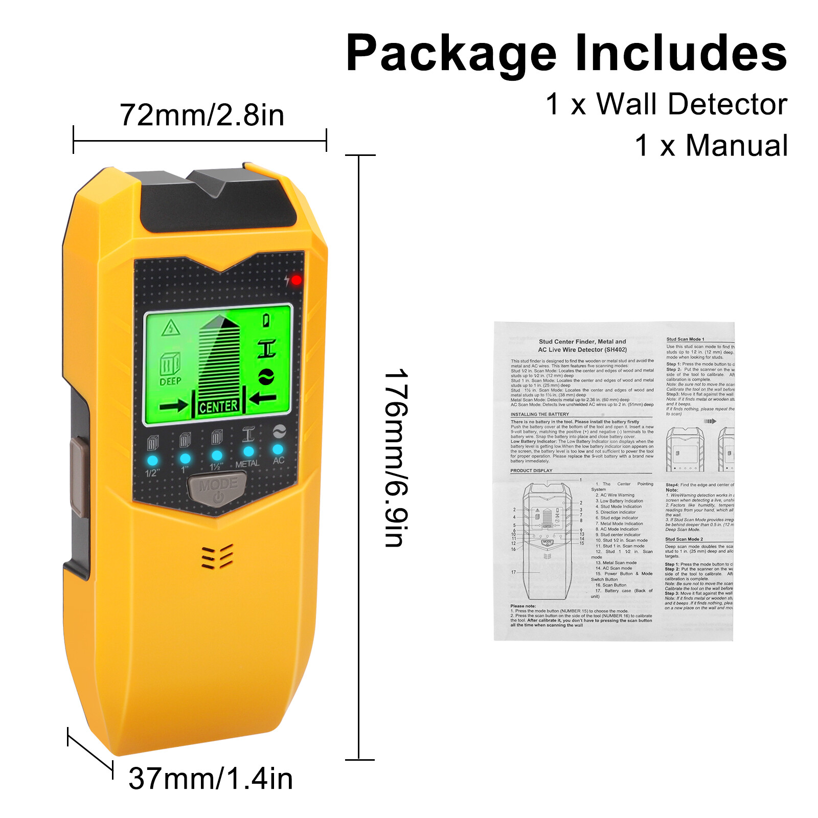 5 in 1 Stud Finder Wall Scanner for Wood AC Wire Metal Pipe LCD Display Detector