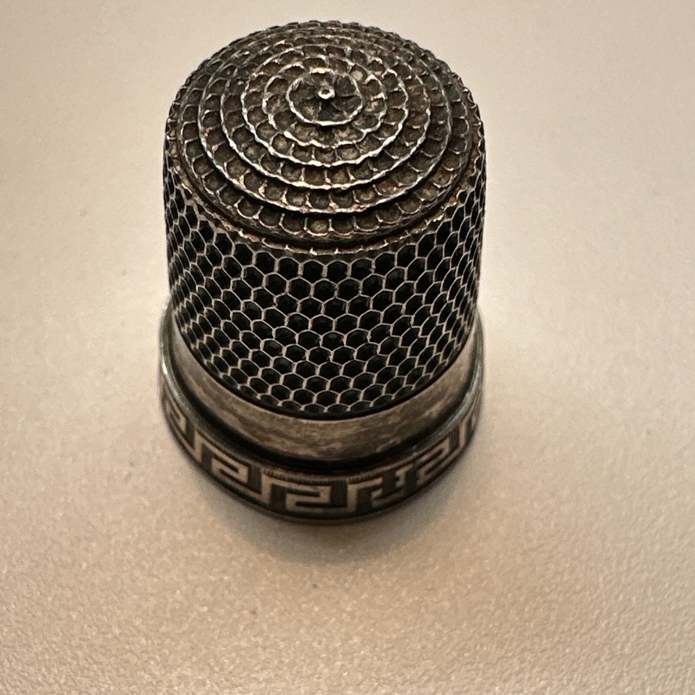 Antique Sterling Silver Simons Bros. Greek Key Thimble; Size 9