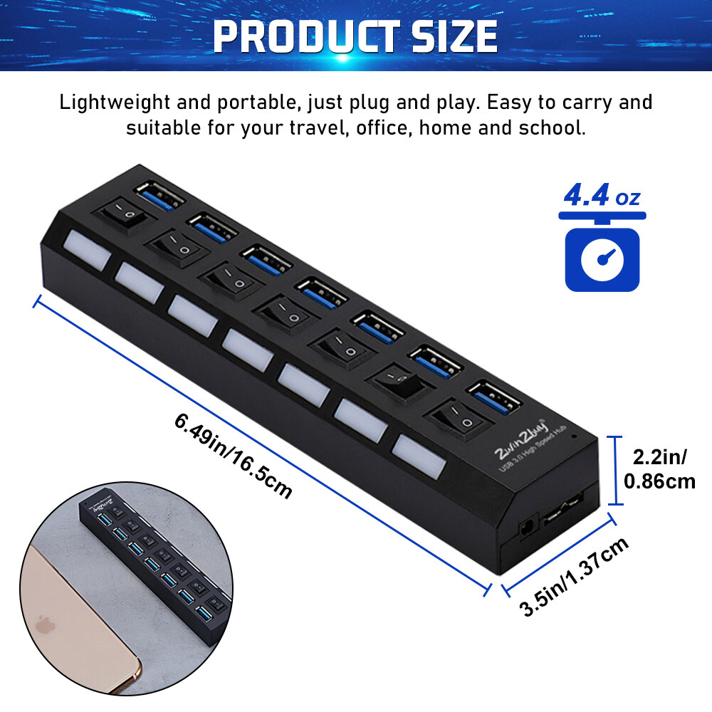 USB 3.0 Hub 7 Port On/Off Switch High Speed Splitter AC Adapter Cable PC Laptop