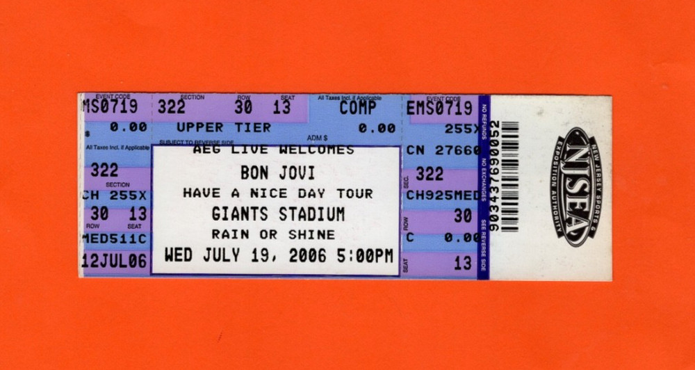 Bon Jovi & Nickelback Unused Concert Ticket, Giants Stadium, NJ, Have A Nice Day