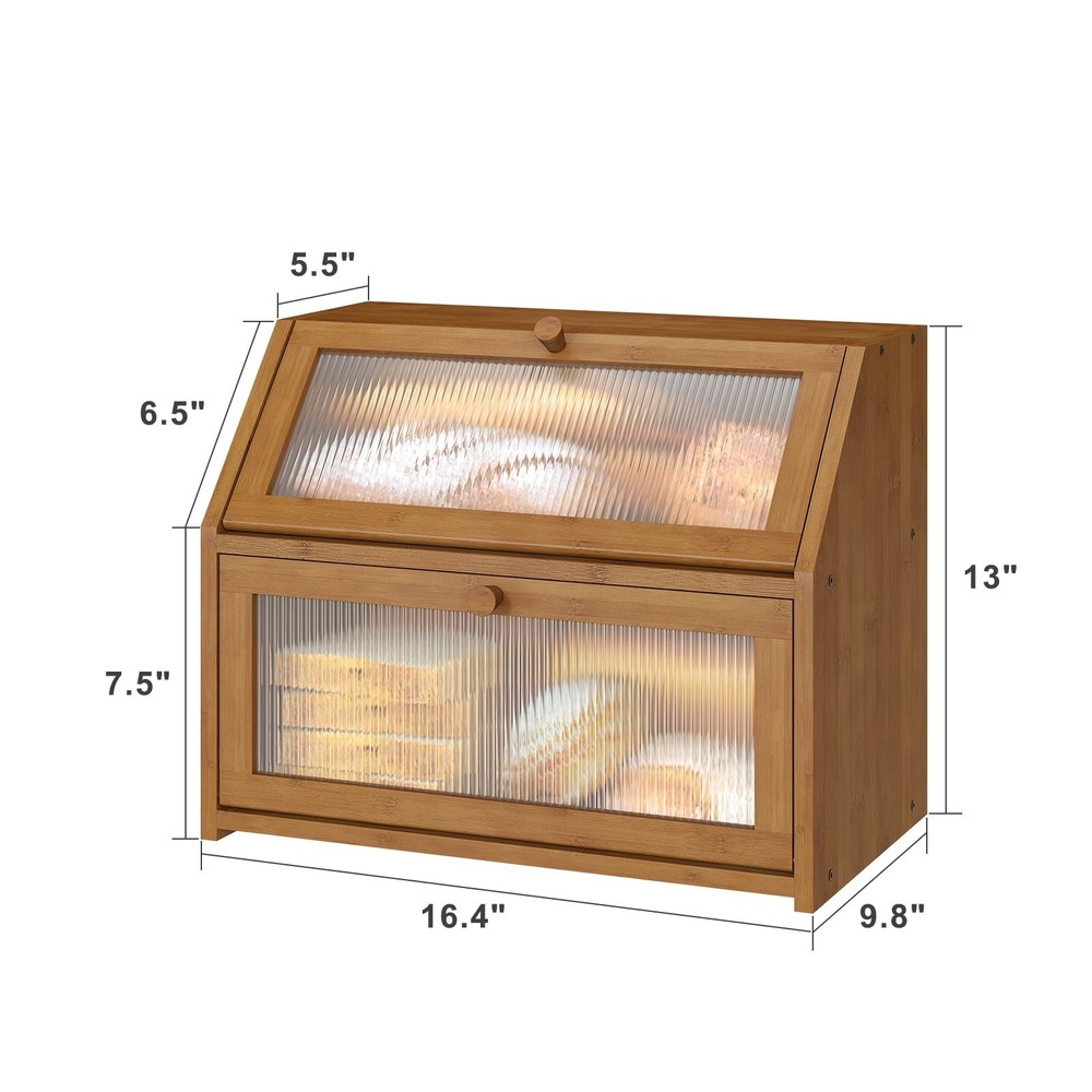 Bread Box for Kitchen Counter, Large Bamboo Wood Double Layer Bread Box, Wood...