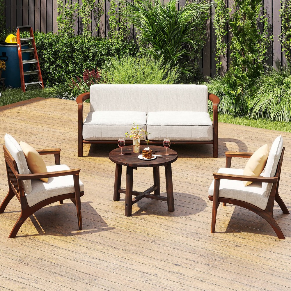 Outdoor Side Table with Solid Wood Structure Small Round Coffee Table for Garden