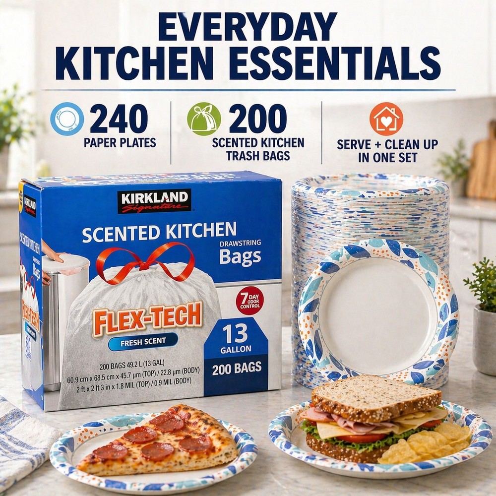 Mega Kirkland Kitchen Essentials Bundle - 240 Paper Plates + 200 Scented Kitchen