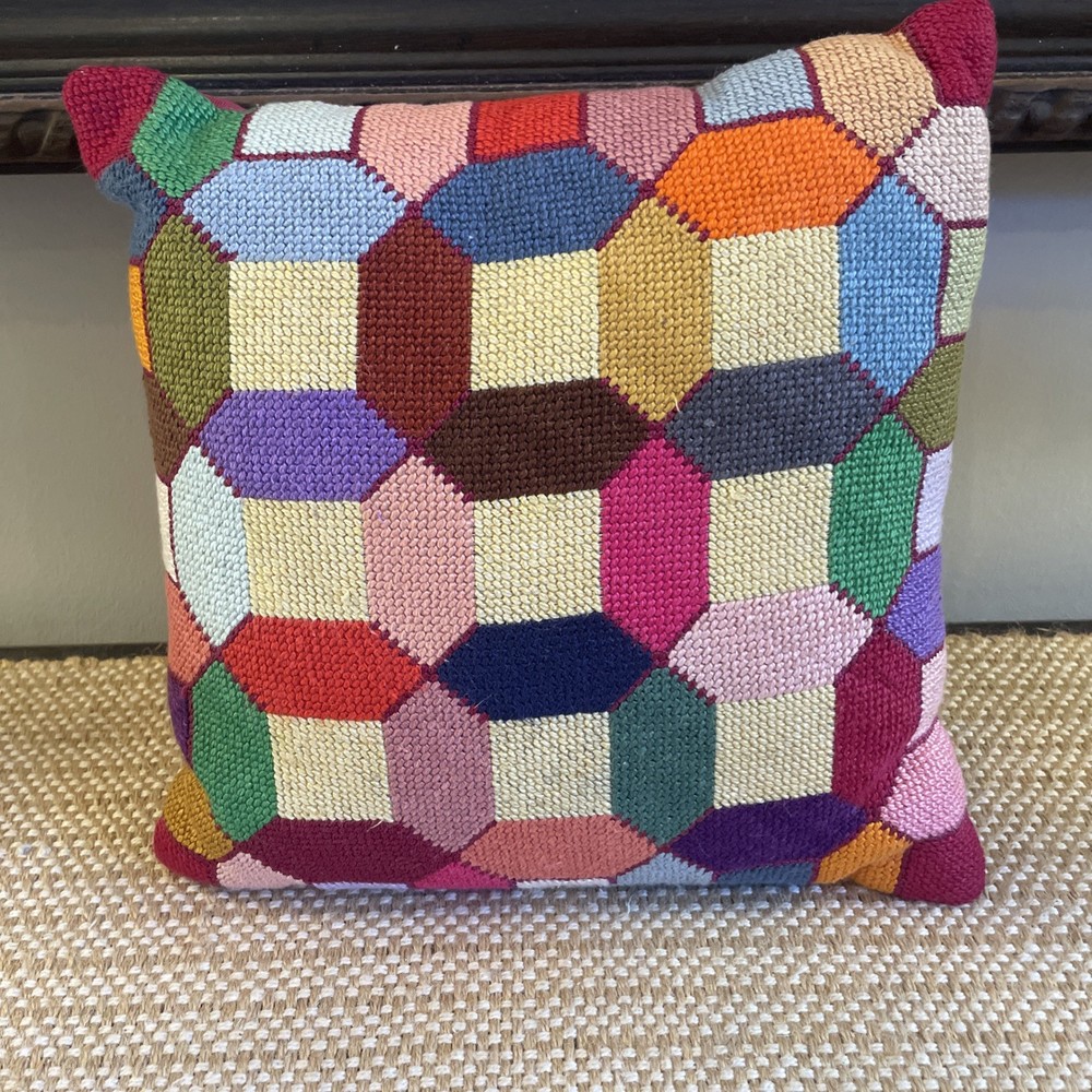 Needlepoint Pillow Geometric Mid Century Approx 10 x 10.5” Solid Red Backing Zip